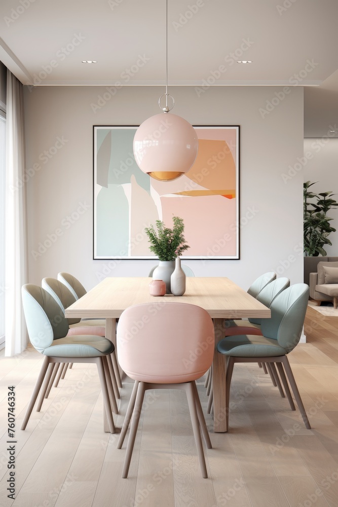 Design of a minimalistic dining room with soft pastel colors AI generated illustration Design of a minimalistic dining room with soft pastel colors AI generated illustration