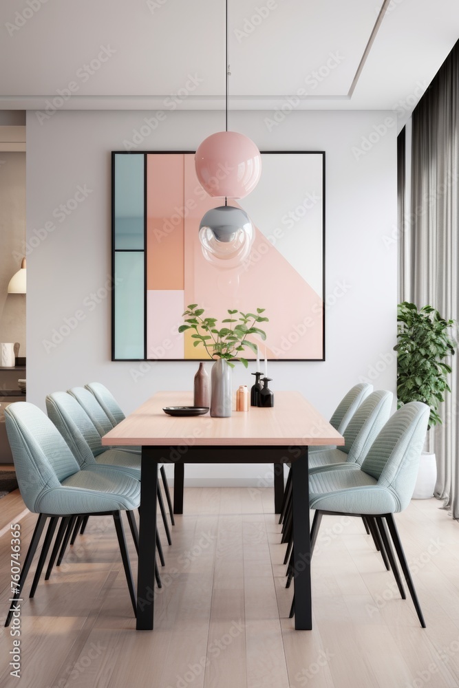 Design of a minimalistic dining room with soft pastel colors AI generated illustration Design of a minimalistic dining room with soft pastel colors AI generated illustration