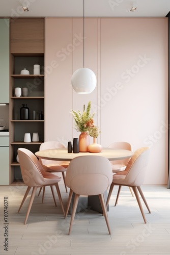 Design of a minimalistic dining room with soft pastel colors AI generated illustration