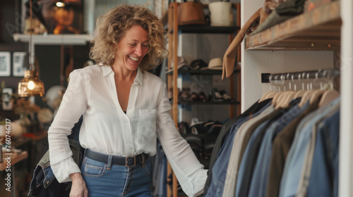 A smiling woman is selecting a denim jacket in a boutique. photo