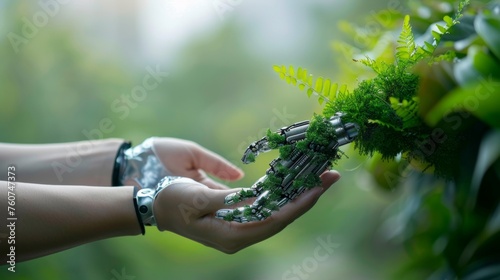 The robot's hands hold green plants and human hands, highlighting the concept of environmental protection and sustainable development of artificial intelligence. The role of artificial intelligence in