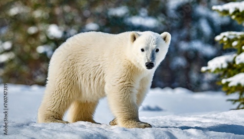 cute little polar bear on the background of a snowy forest