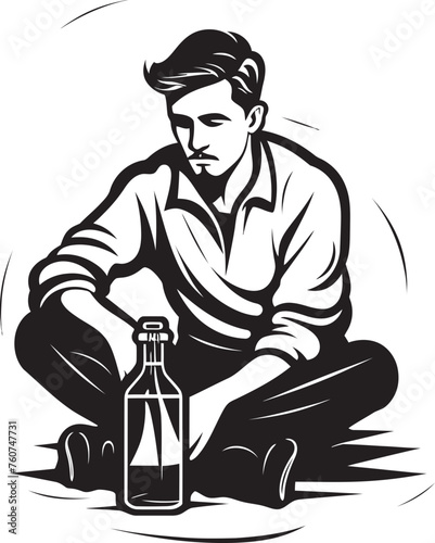 Rumination in Relaxation Iconic Man with Bottle Cognac Contemplations Vector Alcohol Bottle Emblem