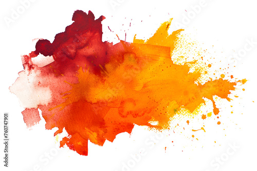 Orange and red splotched watercolor paint stain on white background.
