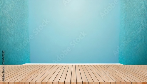 light blue background wall with platform and empty space wood floor design potential