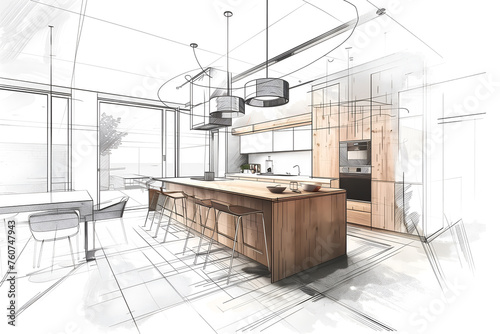 Hand drawn color sketch of modern luxury kitchen interior with panoramic window Interior design concept