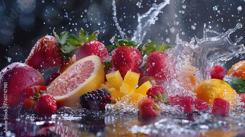 various types of fruit slices stacked with splash, fruit punch concep,generative ai, © curek