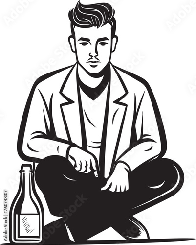Bourbon Reverie Iconic Man with Bottle Liquid Solitude Symbolic Sitting Man