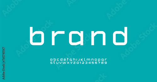 Technical future font, digital cyber alphabet, trendy lowercase letters A, B, C, D, E, F, G, H, I, J, K, L, M, N, O, P, Q, R, S, T, U, V, W, X, Y, Z and numerals 0, 1, 2, 3, 4, 5, 6, 7, 8, 9