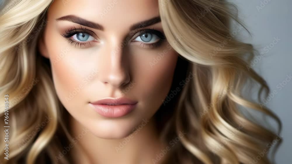 Blonde Woman Portrait with blue eyes and Healthy Long Shiny Wavy hairstyle posing on grey background. Volume shampoo. Blond Curly permed Hair and bright makeup. Beauty salon and haircare concept. Blonde Woman Portrait with blue eyes and Healthy Long Shiny Wavy hairstyle posing on grey background. Volume shampoo. Blond Curly permed Hair and bright makeup. Beauty salon and haircare concept.