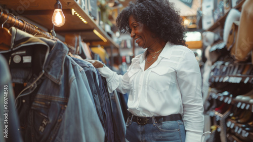 A smiling woman is selecting a denim jacket in a boutique.
