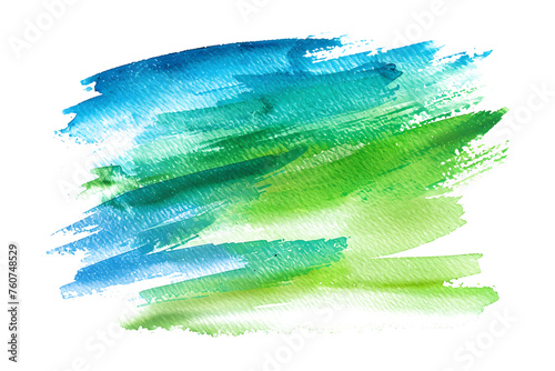 Blue and green striped watercolor paint stain on white background.