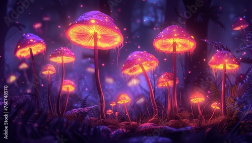 A group of glowing mushrooms in the dark forest