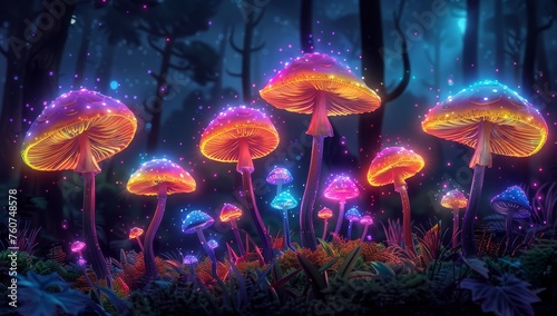 A group of glowing mushrooms in the dark forest