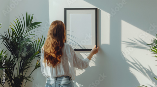 Woman hanging picture frame 
