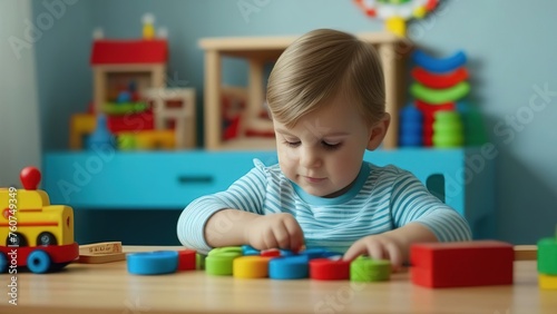 A small child is playing with wooden cubes in the playroom. An educational game for kids in a modern nursery. The kid is building a tower of wooden colorful cubes.