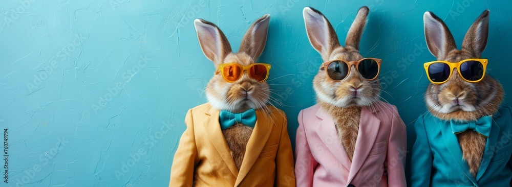 A portrait shows three rabbits dressed in colorful suits and sunglasses - obrazy, fototapety, plakaty 