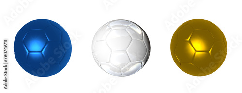 Balones de fútbol soccer. Azul metálico, dorado y blanco.