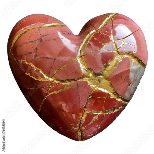 Pink stone heart, restored with gold  by kintsugi Japanese technique. The beauty of imperfection wabi sabi. Representation of a psychological trauma, broken heart restored with unique technique. PNG