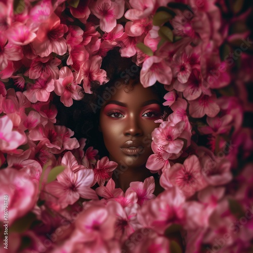 African American Beauty in Pink Blossoms