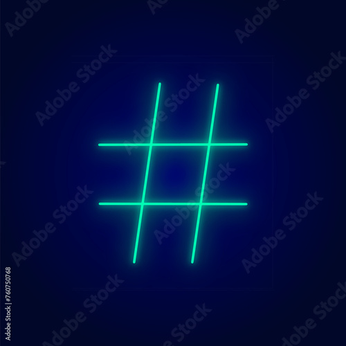 Neon sign. Green hashtag icon. Stock vector illustration.