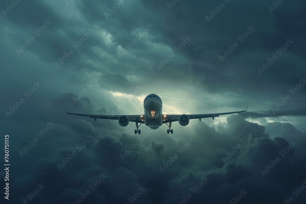 Fototapeta premium Turbulent Stormy airplane fly. Rain travel air. Generate Ai