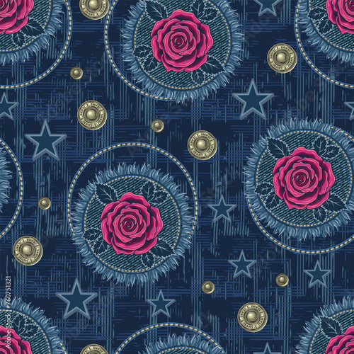 Denim seamless pattern with scattered patches with fringe, jeans buttons, rivets, pink roses. Blue grunge abstract texture with criss crossed lines on background. Vintage style