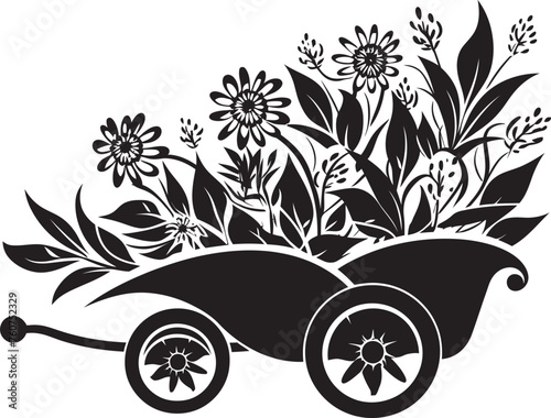 Petal Pusher Aesthetic Wheelbarrow Emblem Floral Freight Vector Icon of Garden Wheelbarrow