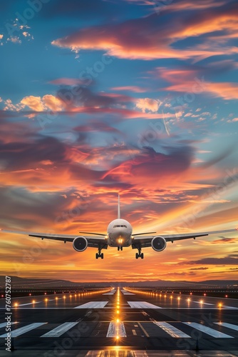 Airplane Landing at Sunset on Runway