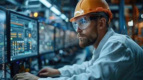 An engineer monitoring a sophisticated AI dashboard showing real-time data and predictive analytics from various sensors on industrial machinery. Generative AI. © visoot