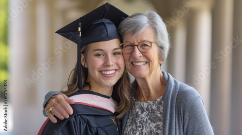 young woman in a graduation cap and gown is smiling and posing for a photo with an older woman