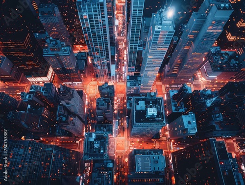 Aerial view of a City lights  towering buildings  panoramic cityscape views.