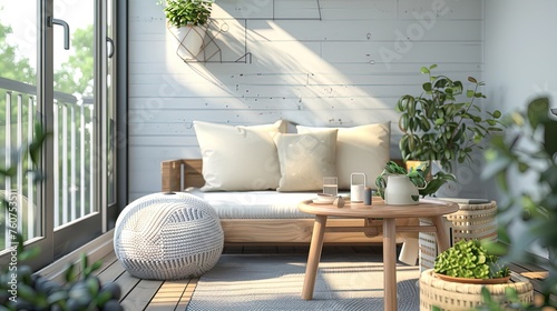 Scandinavian balcony haven with cozy textiles and lush greenery in the city.