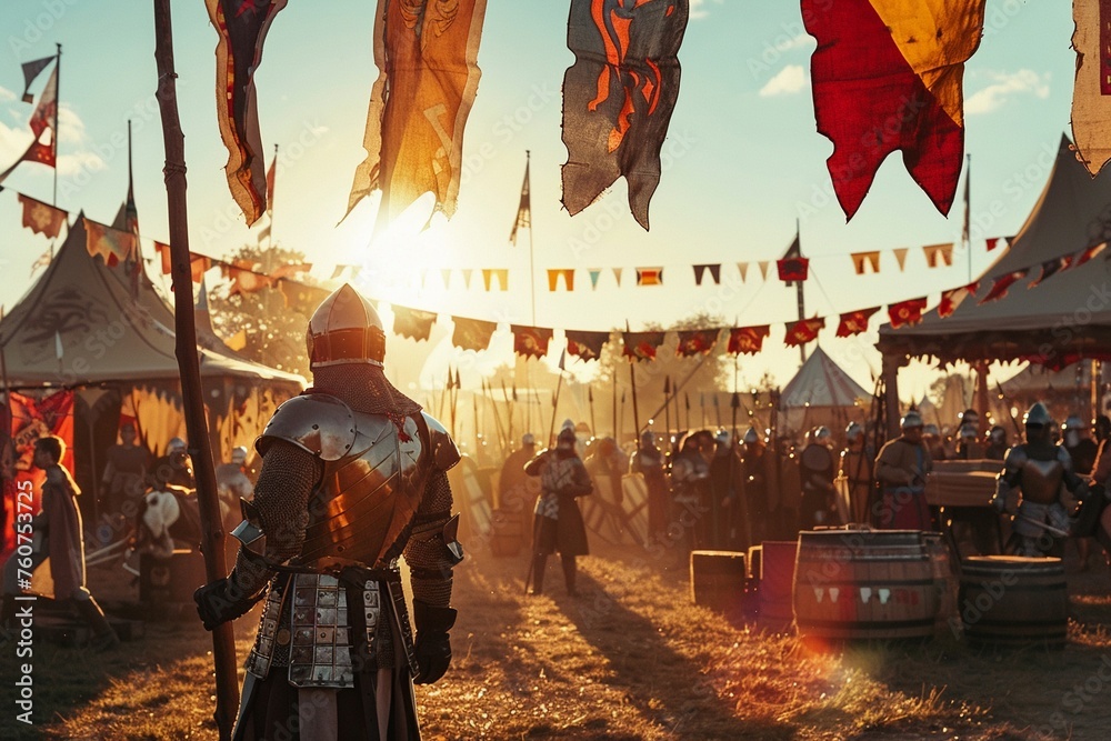 Knight browsing weaponry at a medieval fair with jousting in the background and banners fluttering Photography - obrazy, fototapety, plakaty 