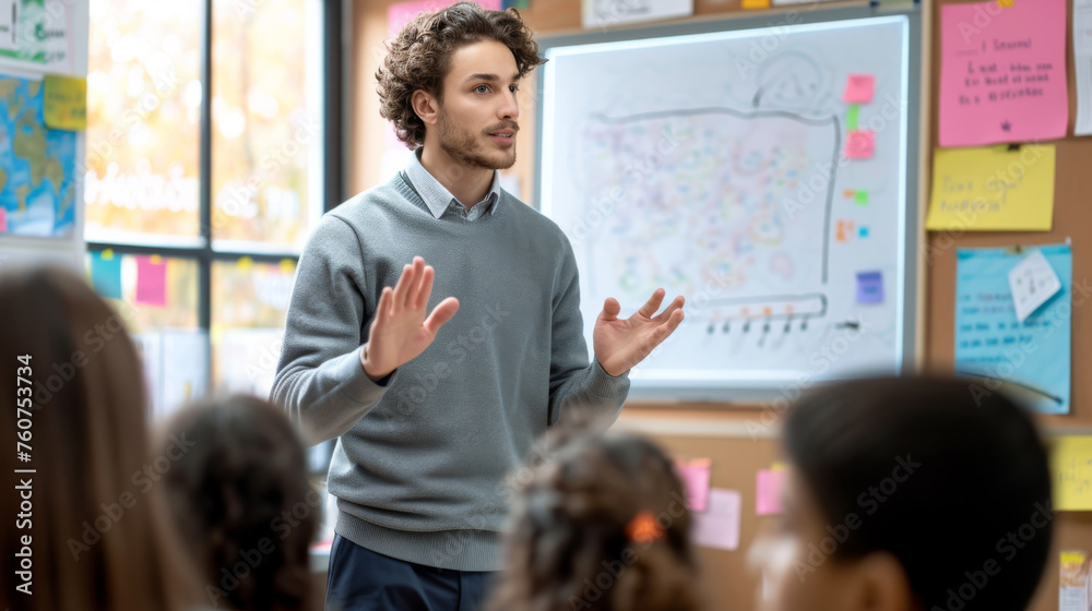 © Studio Nova - Teacher is actively engaging with his students in a classroom setting, with educational materials visible on the whiteboard behind him. © Studio Nova - Teacher is actively engaging with his students in a classroom setting, with educational materials visible on the whiteboard behind him.