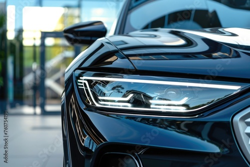 the front part of a modern car with a focus on the headlight, giving a sense of luxury and advanced design © romanets_v