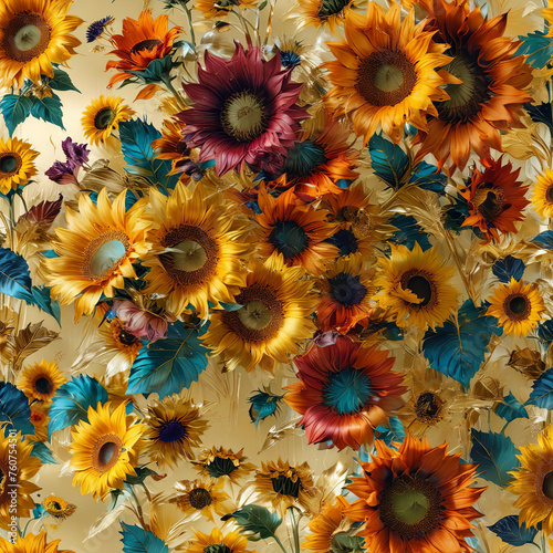 Sunflower Bouquet with Metallic Foil Accents on Light Background Gen AI photo