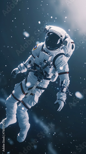 An astronaut hovers in space weightlessness against background of blue sky. A horizontal frame. The concept of exploring intergalactic space