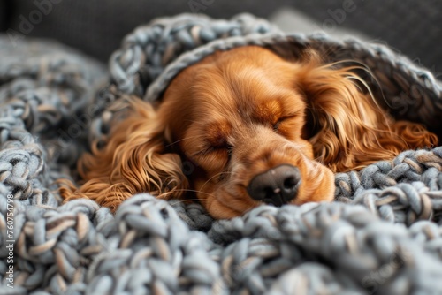 an adorable sleeping dog, a cocker spaniel, cozily wrapped in a gray blanket. The dog's eyes are closed, and it seems to be in a peaceful slumber, offering a sense of tranquility and comfort