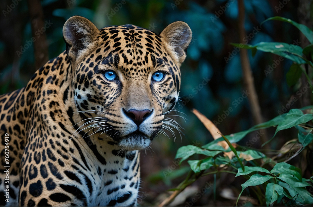 Camouflage male jaguar lurking in forest blue eyes. Camouflage male jaguar lurking in forest blue eyes.