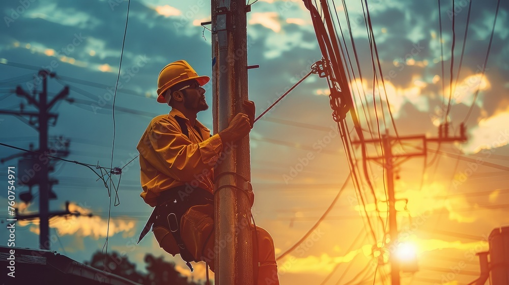 A lineman working in the electrical pole in uniform. Generative AI. - obrazy, fototapety, plakaty 