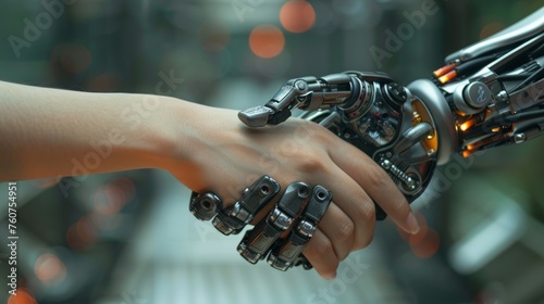 Photos of artificial intelligence machines shaking hands with people, AI technology and the concept of business support, remote workers or businesses using AI teams to work together in the office. © SHI