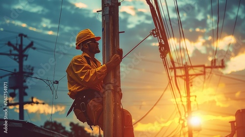 A lineman working in the electrical pole in uniform. Generative AI. photo
