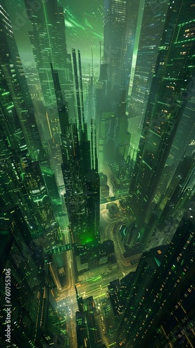 Digitally Generated Green Matrix Cityscape