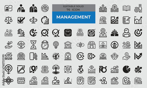 76 Solid Icons for Management set in fill style. Excellent icons collection. Vector illustration. 
