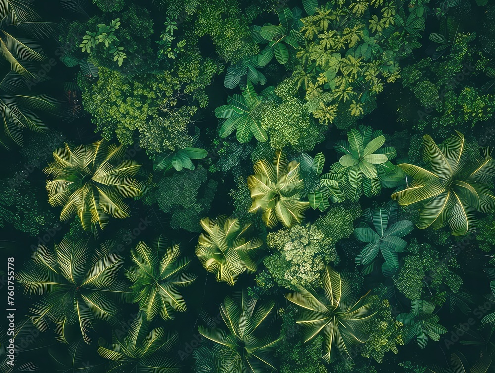 Aerial view of a Lush greenery, towering trees, dense foliage, mountain wilderness.  - obrazy, fototapety, plakaty 