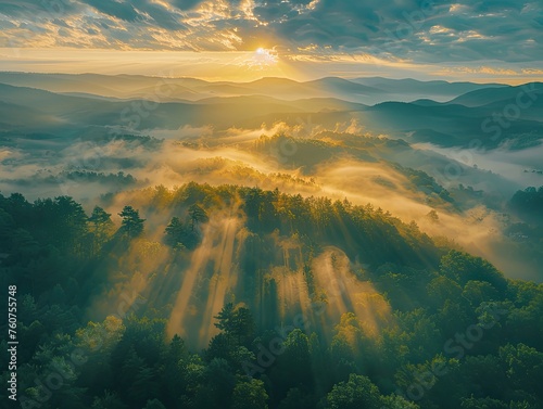 Aerial view of a Golden rays, misty valleys, tranquil dawn, mountain tranquility. 