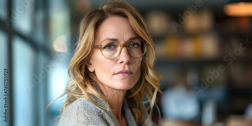 Middle-aged Caucasian woman wearing glasses deeply immersed in contemplation in her office. Concept Woman, Middle-aged, Caucasian, Glasses, Contemplation, Office