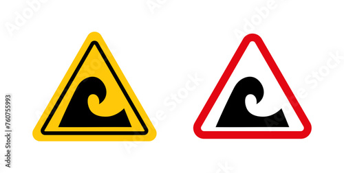 High sea waves warning sign. danger tsunami water wave caution sign. surf waves safety symbol. photo