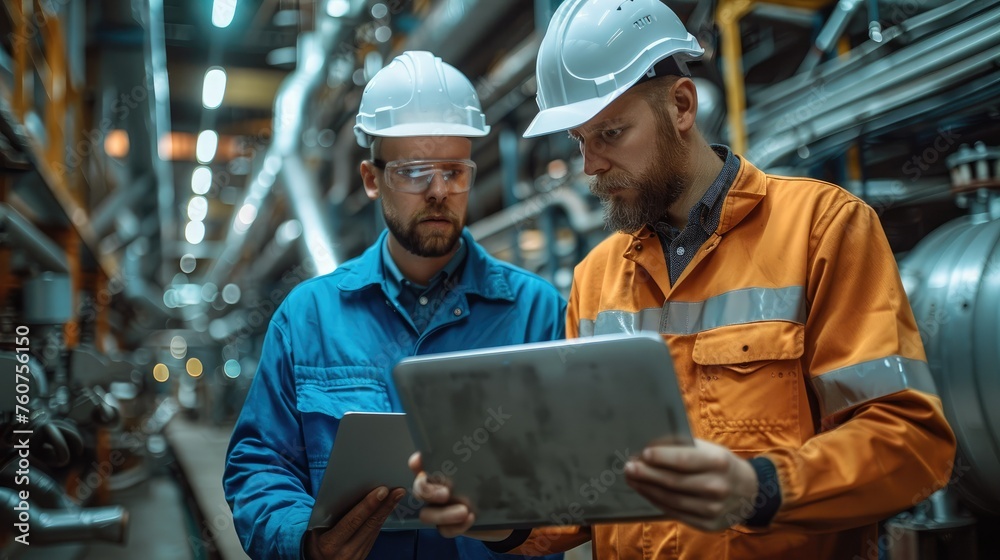 Two Service Engineers looking at laptop in work clothes at industry factory. Generative AI. Two Service Engineers looking at laptop in work clothes at industry factory. Generative AI.